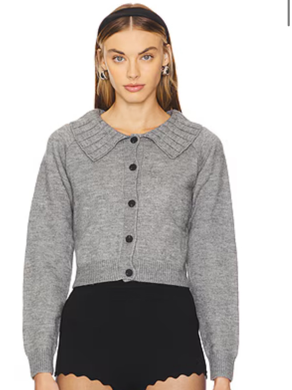 All the Ways Revolve Cropped Gray Button-Down Cardigan with Wide Ribbed Collar